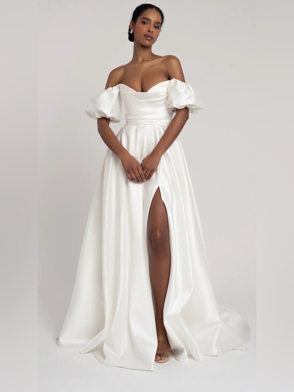 Jenny Yoo Marisol Elegant Off-Shoulder White Evening Gown with Puff Sleeves